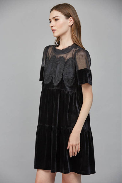 Solstice Contrast Sheer Mesh with Lace Detail Velvet: Black