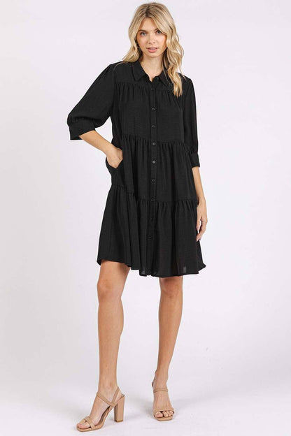 AIRFLOW RUFFLE TIER BUTTONED MINI SHIRT DRESS: SAGE / S-M-L(2-2-2)