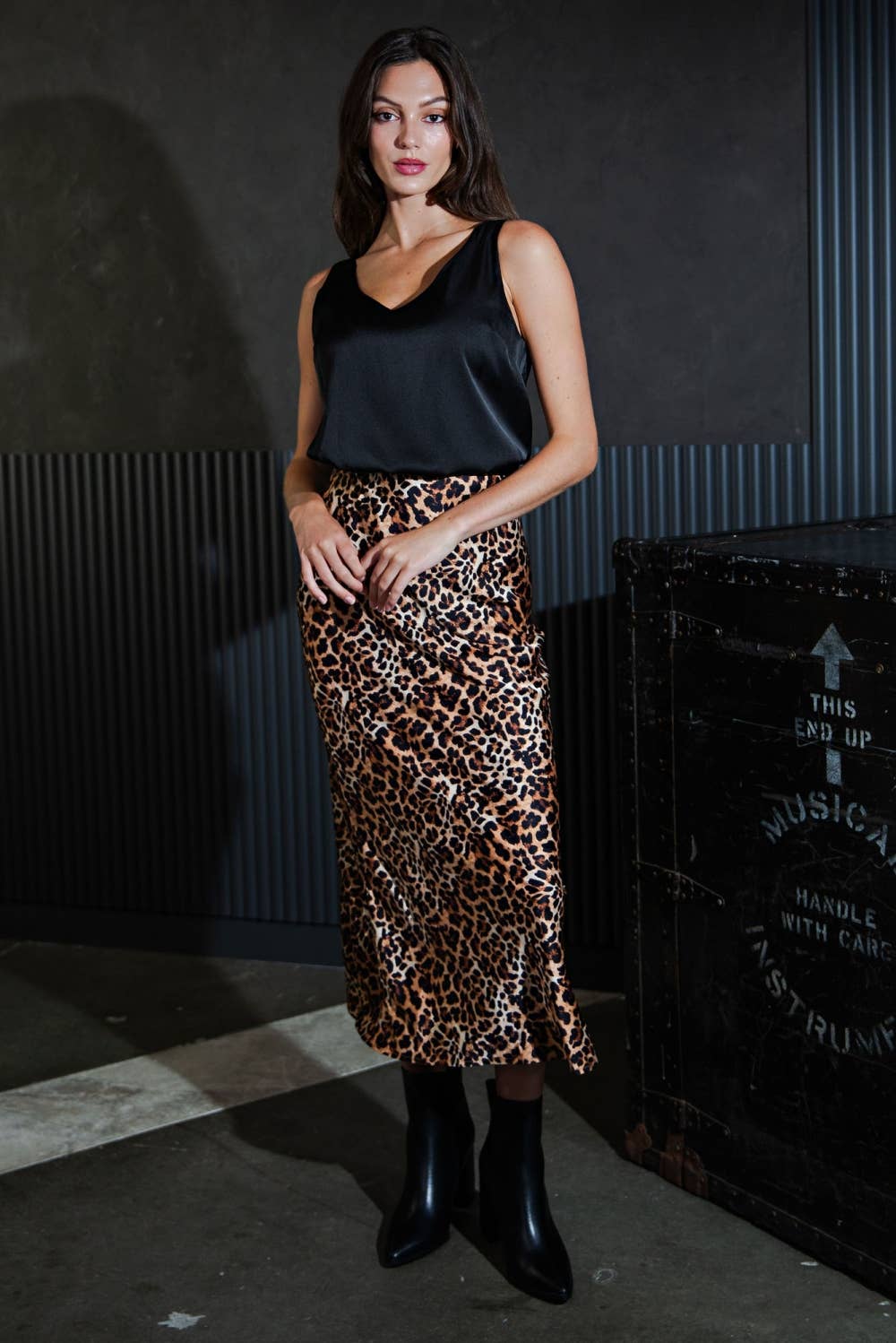 Langley Leopard Print Stretch Satin Midi Skirt