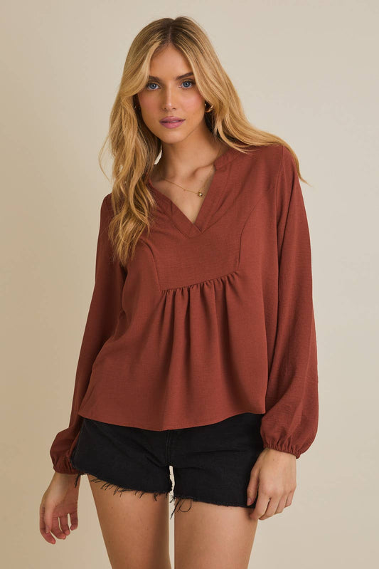 Odessa Long Sleeve V-Neck Top: Camel