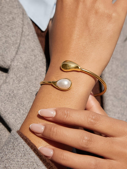 Harbor 18K Gold Non-Tarnish Open Cuff Stone Bracelet: White