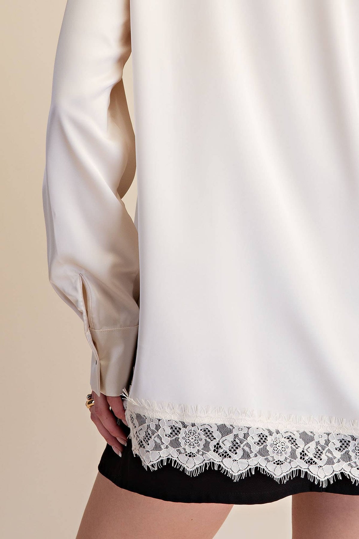 Cecily Collared Long Sleeve Lace-Trim Satin-Effect Blouse: Ivory