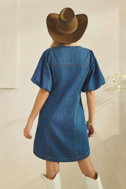 Laramie V-Neck Double Button Down Dress: Dark Wash Denim