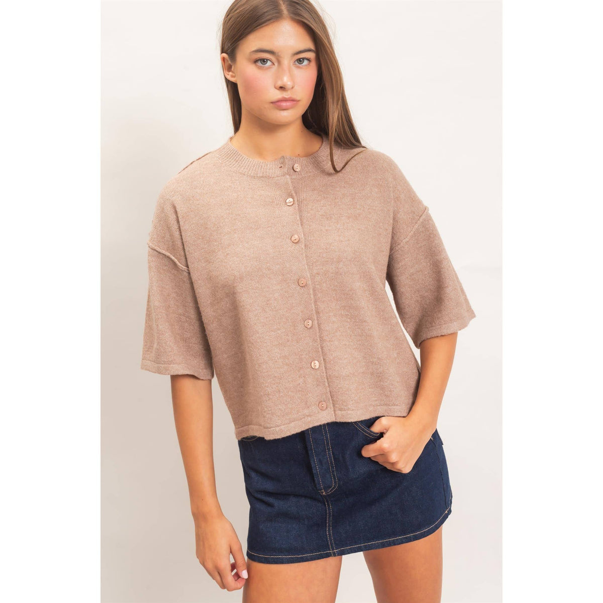 Ada Short Sleeve Cardigan: Dark Taupe