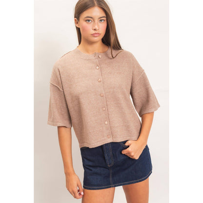 Ada Short Sleeve Cardigan: Dark Taupe
