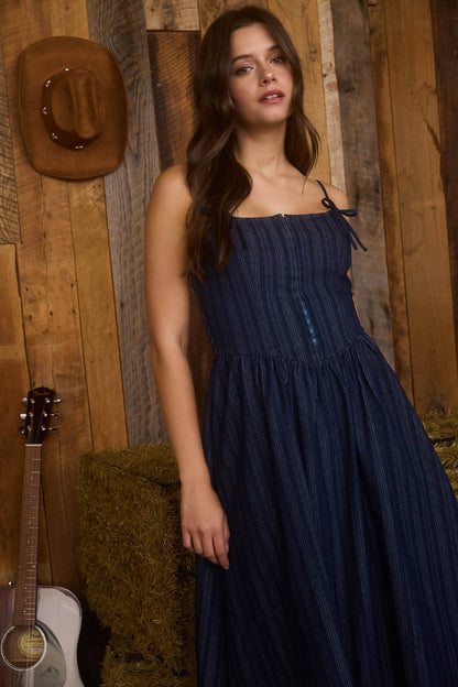 Ali Denim Stripe Front Hook Corset Midi Dress