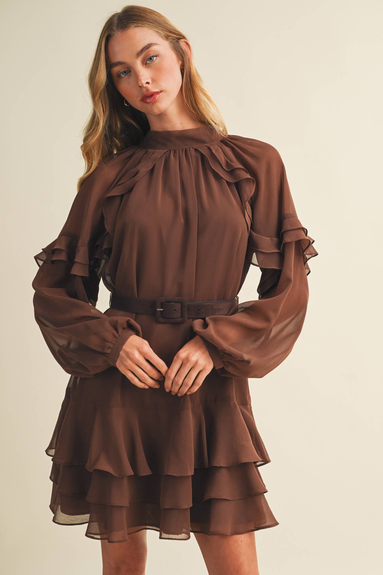 Bishop Mock-Neck Tiered Dress: Dark Mocha Brown