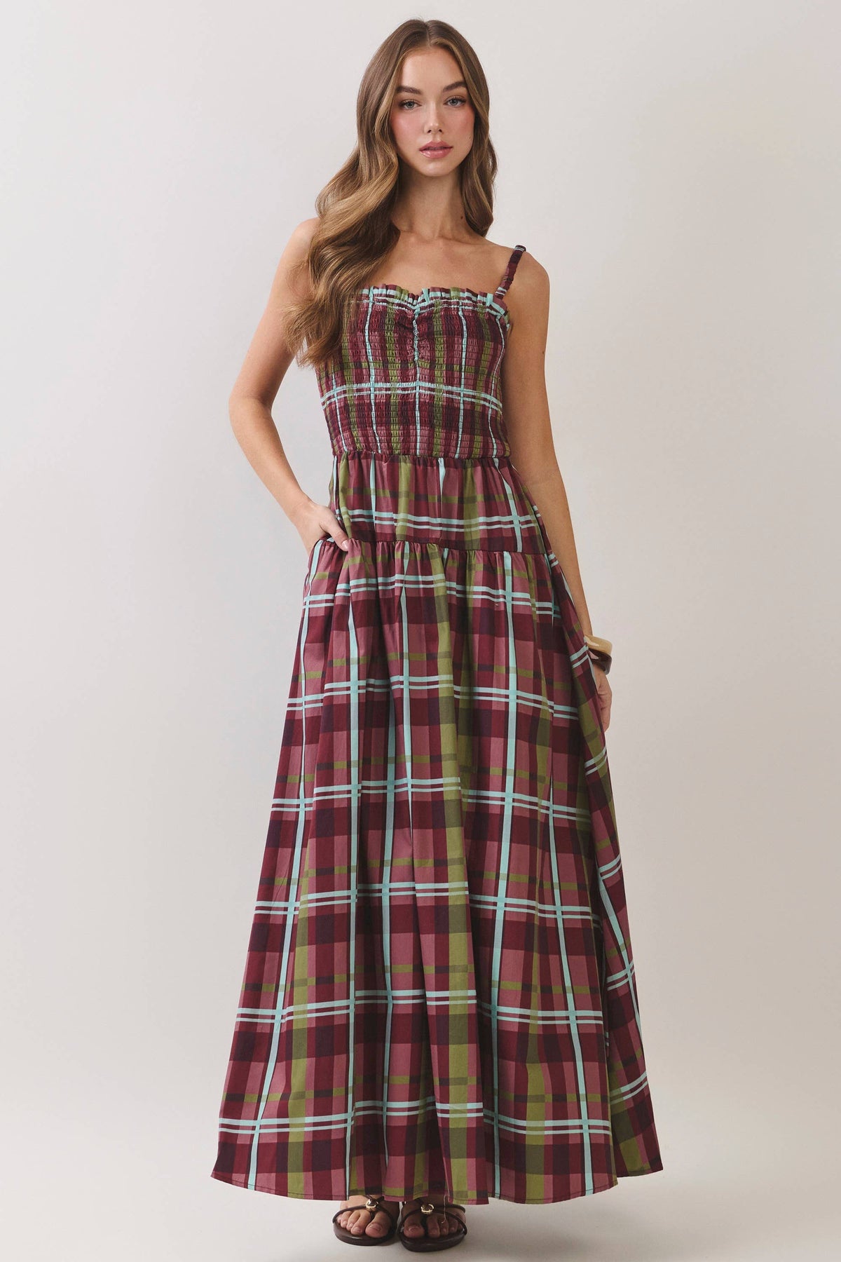 Adelia Plaid Smocked Tiered Maxi Dress: Burgundy