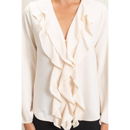 Ruffled V-Neck Button-Up Blouse: TEAL / S-M-L(2-2-2)
