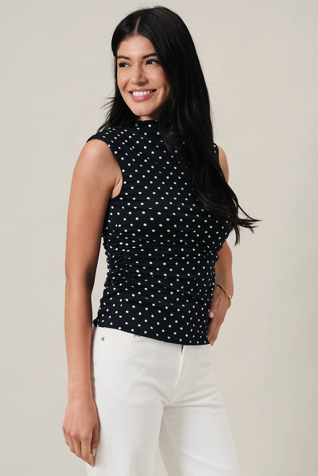 Kennedy High Neck Extended Shoulder Side Ruched Polka Dot Top: Navy-Ivory Dot