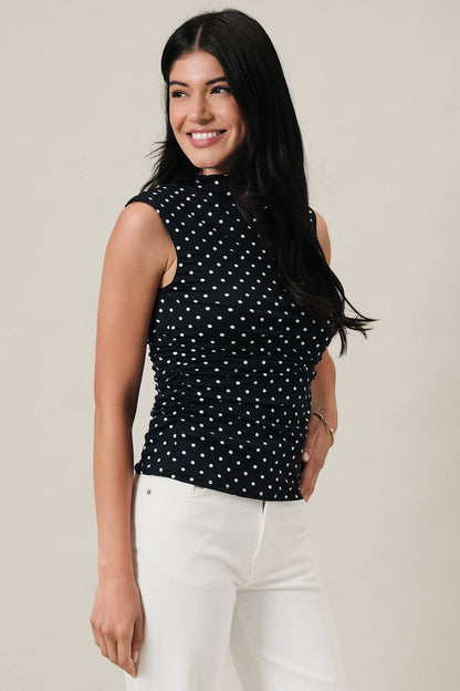 Kennedy High Neck Extended Shoulder Side Ruched Polka Dot Top: Navy-Ivory Dot