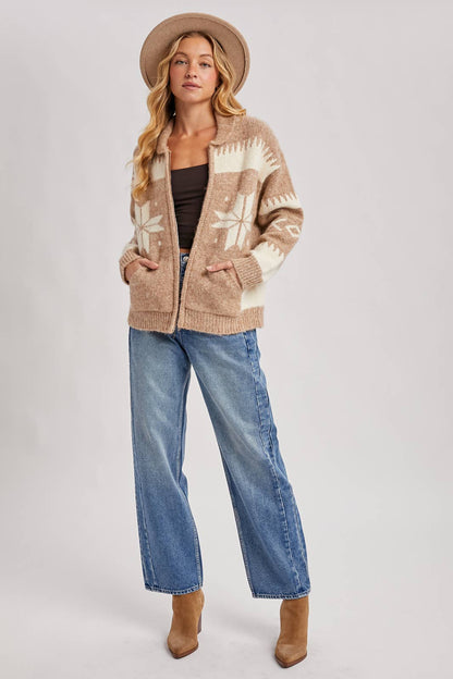 Fair Isle Fuzzy Knit Front Zipper Cardigan: Latte Combo