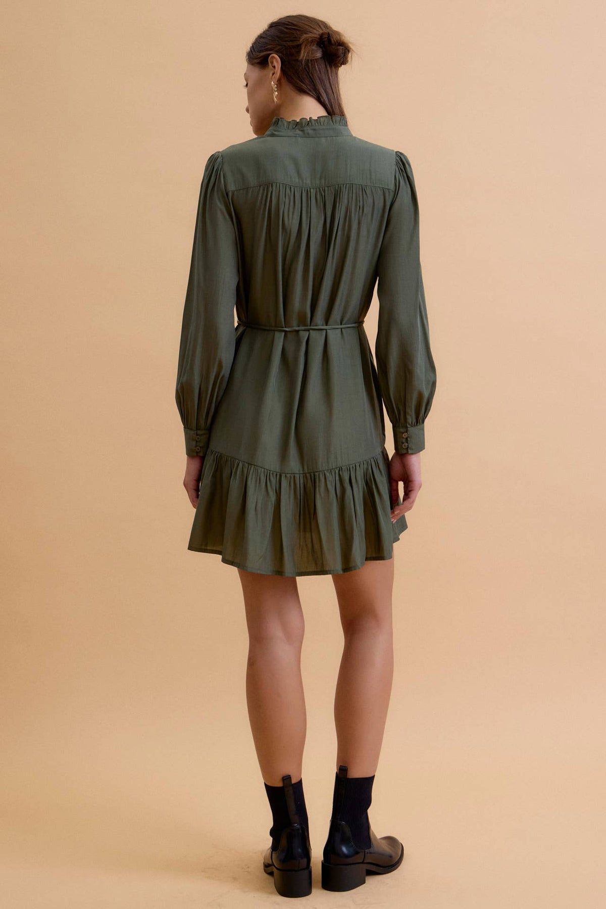 Avie Ruffled Mini Shirt Dress: Pine Green