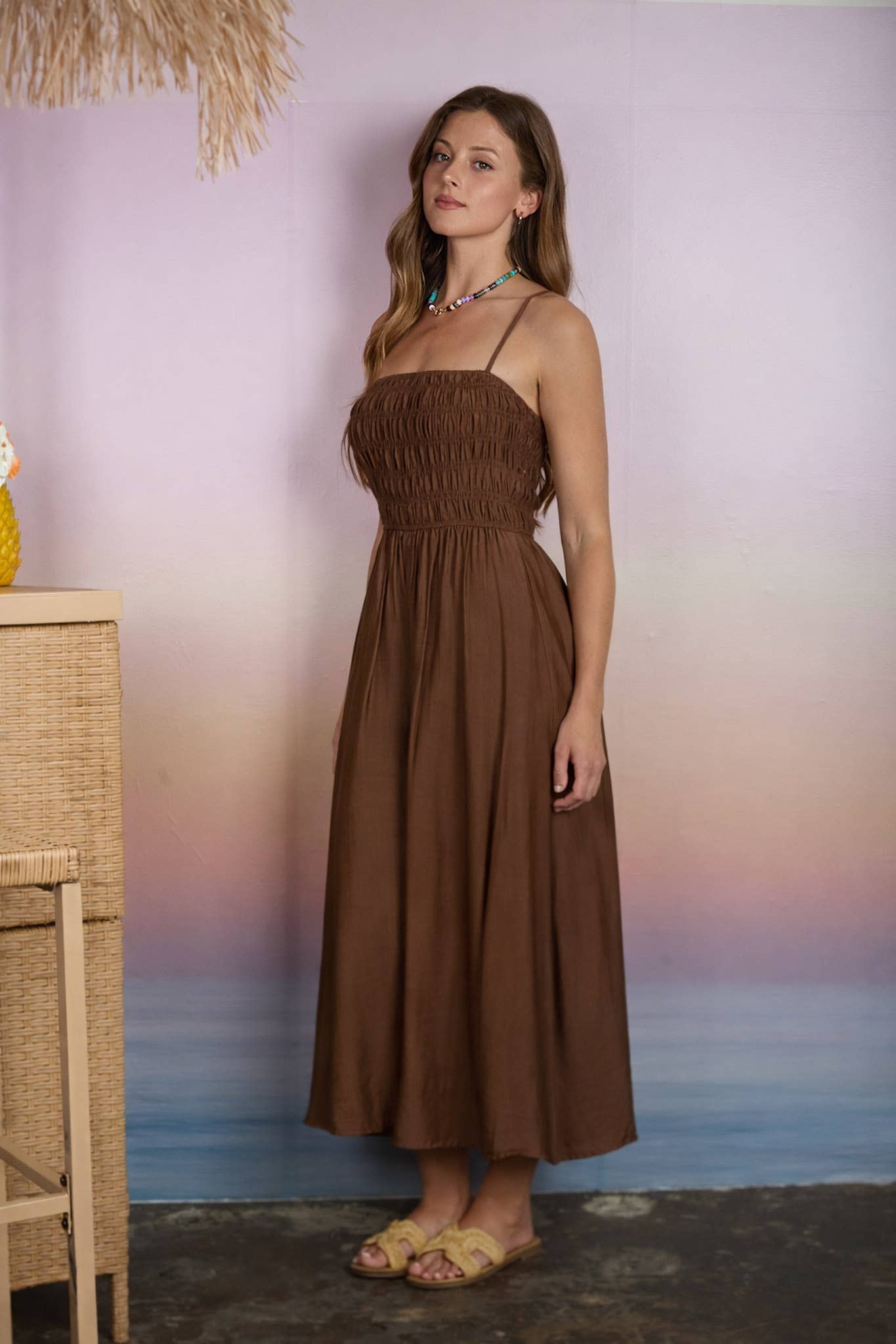 Stirrup Shirred Bodice Spaghetti Strap Midi Dress: Brown