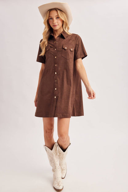 Cheyenne Collared Short Sleeve Faux Suede Mini Shirt Dress: Chocolate