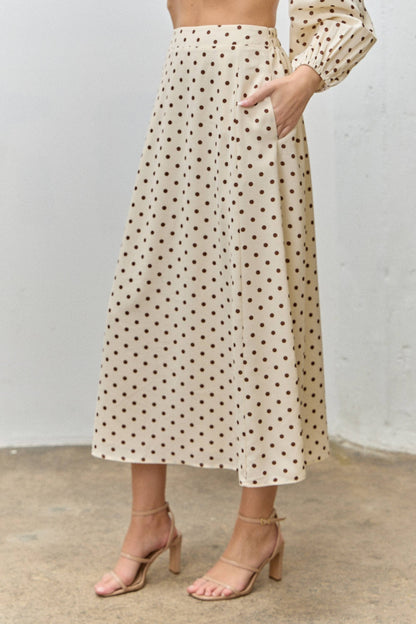 Chestnut Classic Polka Dot Flowing Midi Skirt: CREAM/BROWN