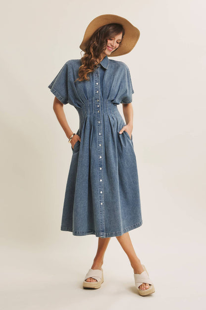 Caroline Stretchy Mineral-Washed Button-Down Pleated Denim Midi Dress: Light Wash