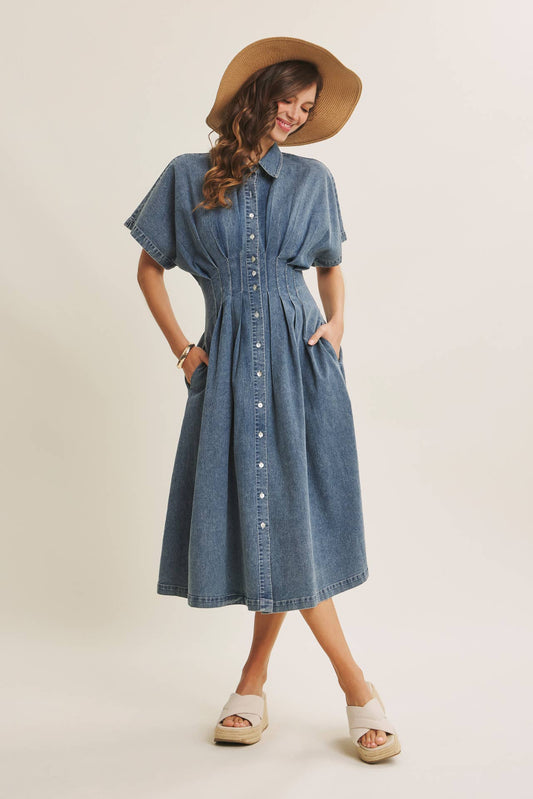 Caroline Stretchy Mineral-Washed Button-Down Pleated Denim Midi Dress: Light Wash