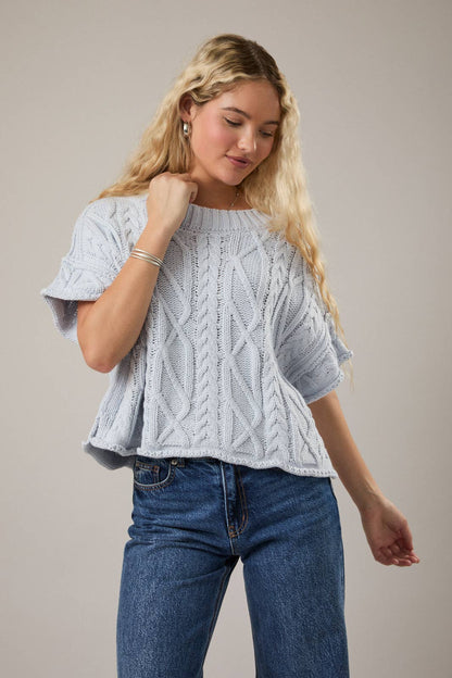 Sky Round Neck Short Sleeve Cable Knit Sweater Top: Lt Blue