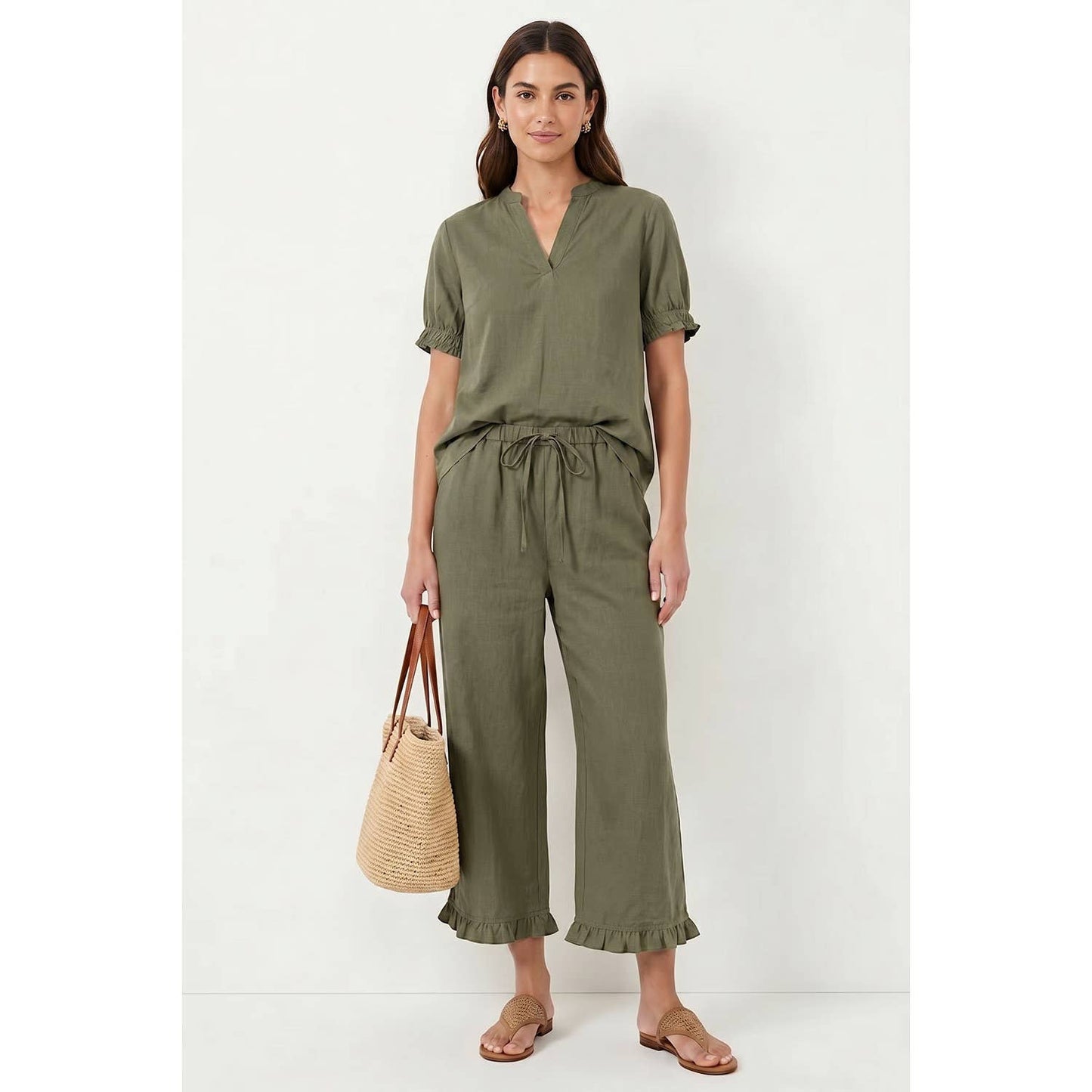 Short Sleeve Band Detail Blouse: Light olive