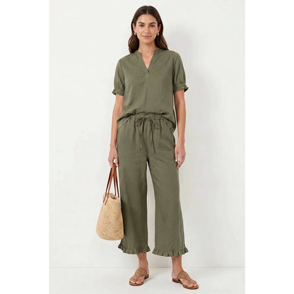 Short Sleeve Band Detail Blouse: Light olive