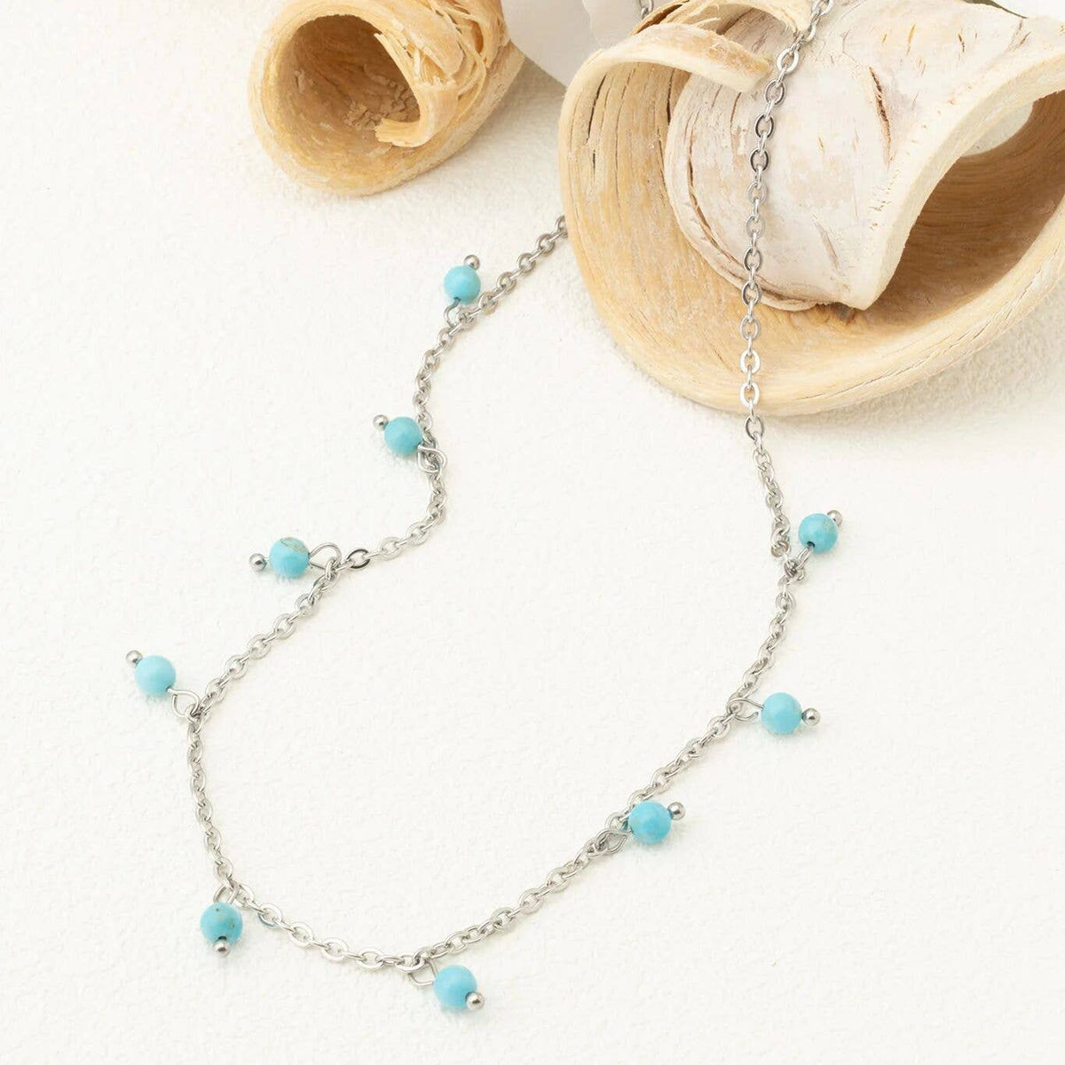 18K Gold PVD Stainless Steel Dangle Turquoise Stone Necklace: Stainless
