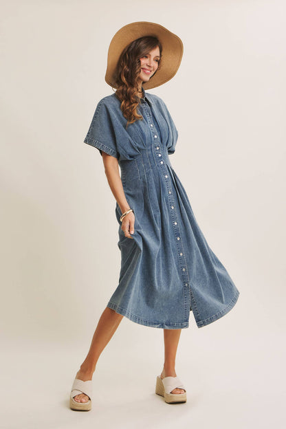 Caroline Stretchy Mineral-Washed Button-Down Pleated Denim Midi Dress: Light Wash