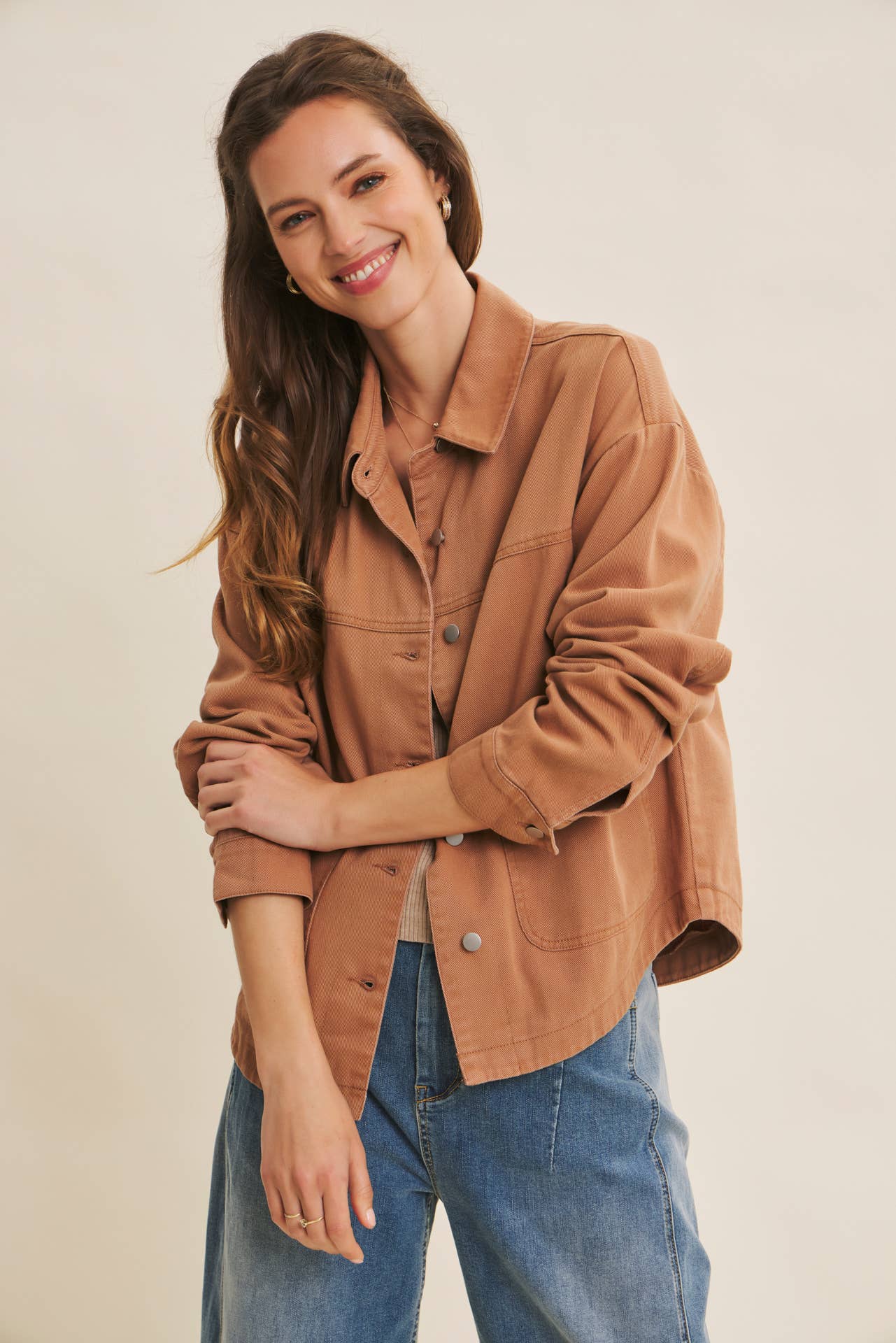 One of a Kind Washed Cotton Twill Utility Jacket: Camel