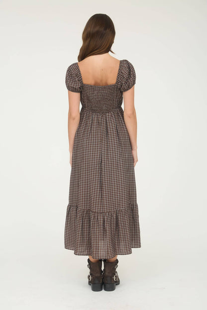 Pecan Plaid Puff Sleeve Button Down Maxi Dress