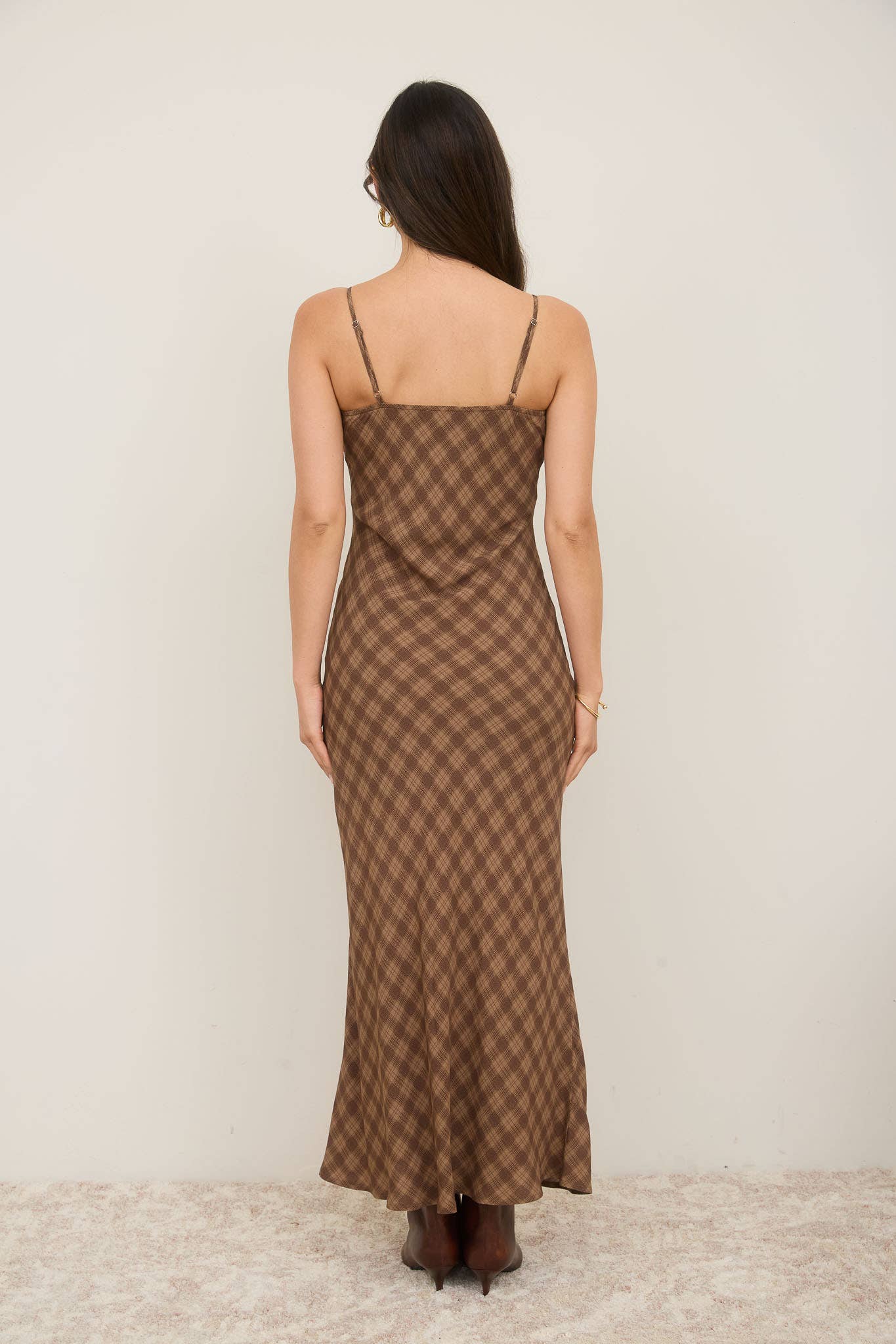Lauren Plaid Spaghetti Strap Midi Dress: Brown