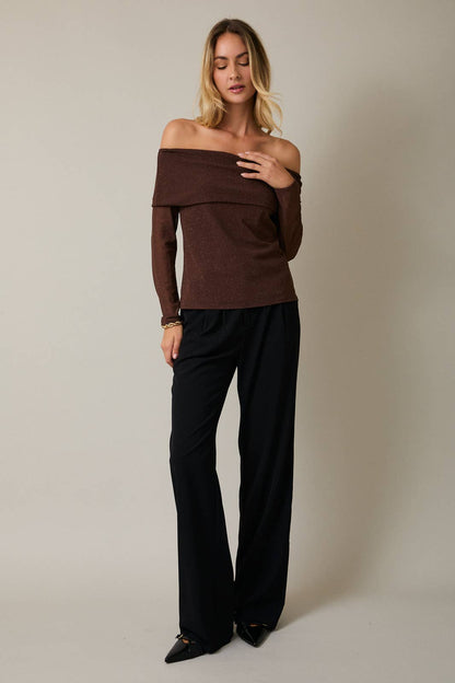 Grove Off Shoulder Long Sleeve Metallic Top: Brown
