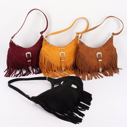 Faux suede Metal Buckle Fringe Bag: BUR