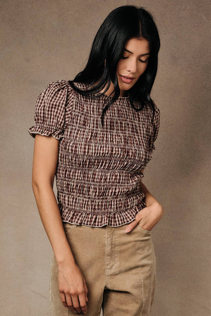 Marielle Smocked Top: Taupe Wine Plaid