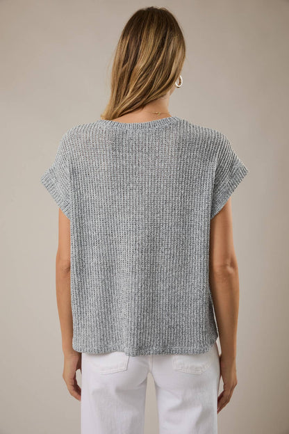 Carly Crew Neck Cuffed Short Sleeve Top with Pocket: Lt grey