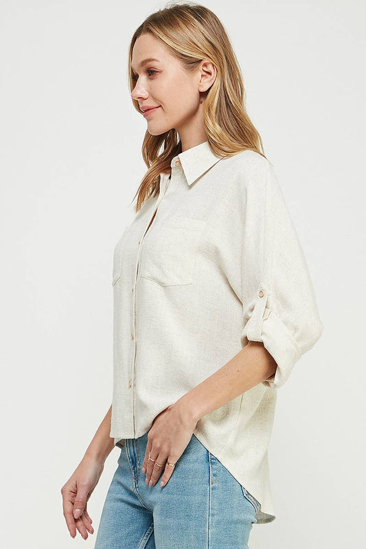 Linen Blend Dolman Button Front Shirt: Natural