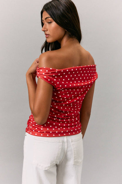 Luci Off Shoulder Top with Side Ruch: Red-White Polka Dot