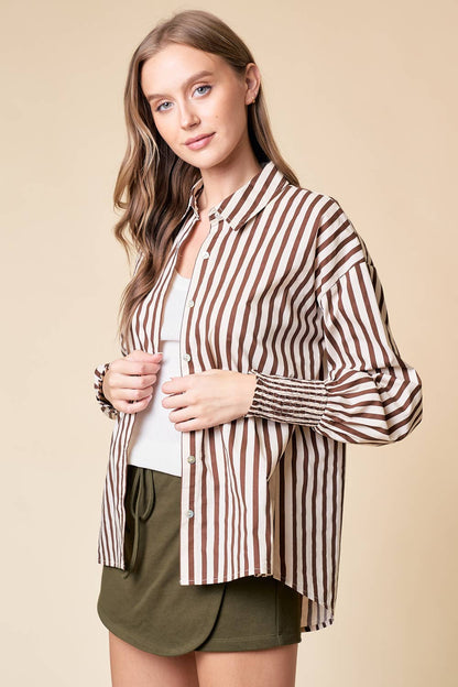 Wrenly Stripe Mixed Over-Sized Button Down Top: Brown
