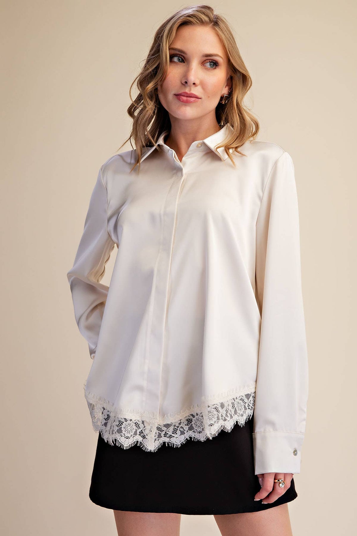 Cecily Collared Long Sleeve Lace-Trim Satin-Effect Blouse: Ivory