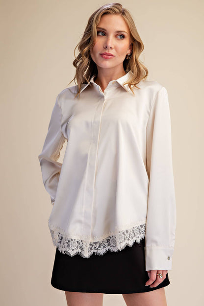 Cecily Collared Long Sleeve Lace-Trim Satin-Effect Blouse: Ivory