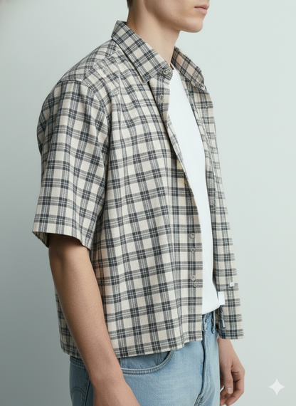 90s Checkered Boxy Fit Shirt (Beige)
