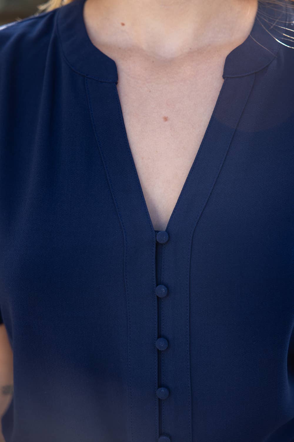 Prescott Button Down Solid Puff Sleeve Top: Navy