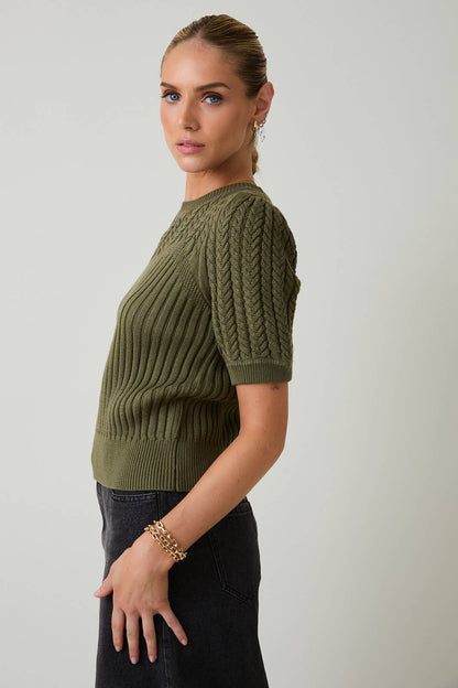 Cypress Short Sleeve Cable Sweater: Olive