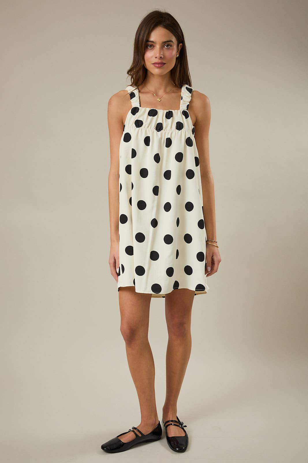 The Madison Mini Sleeveless Bold Polka Dot Dress: Cream Black
