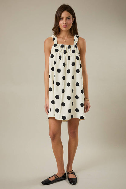 The Madison Mini Sleeveless Bold Polka Dot Dress: Cream Black