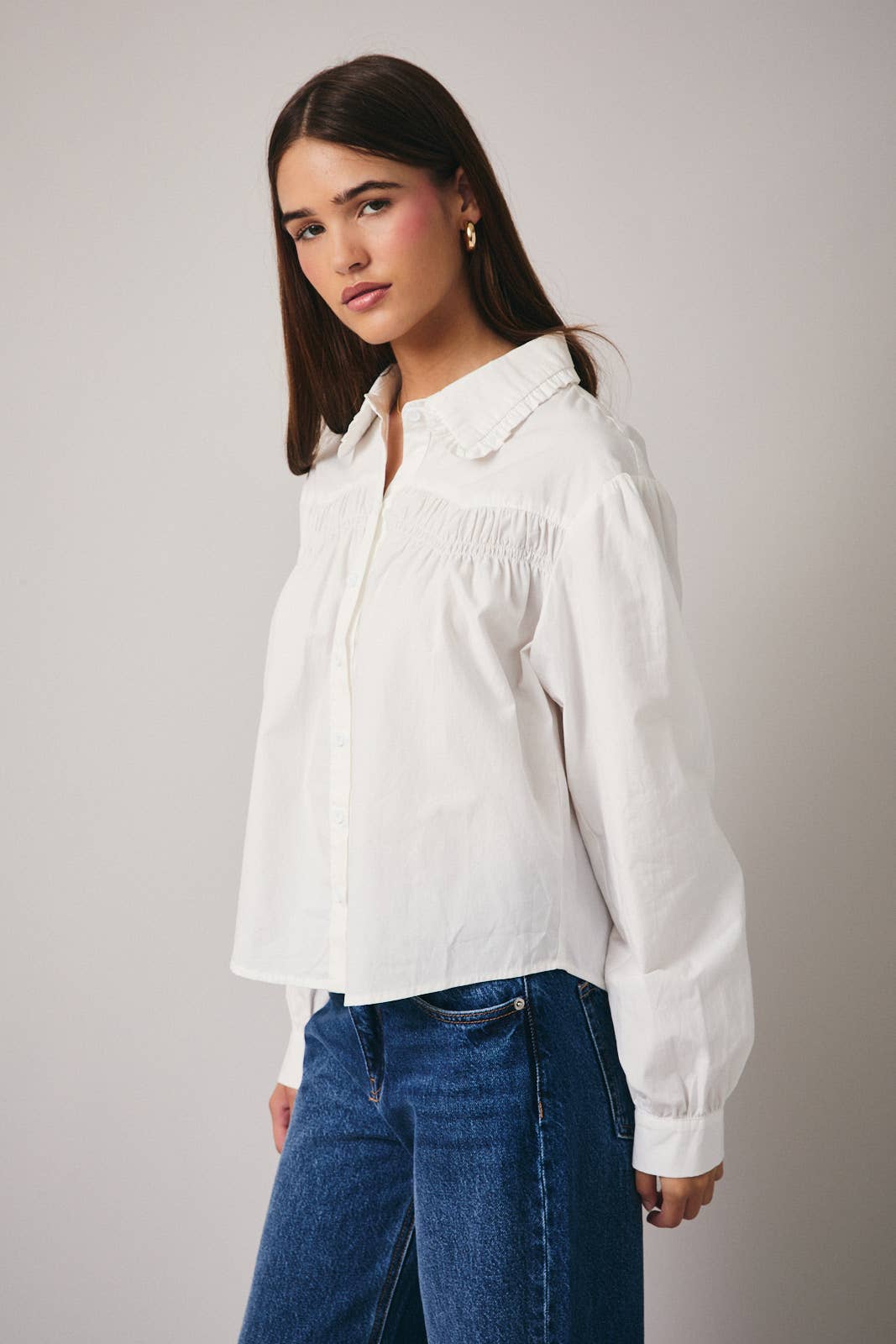 April Long Sleeve Shirring Detail Button Down Shirt: White