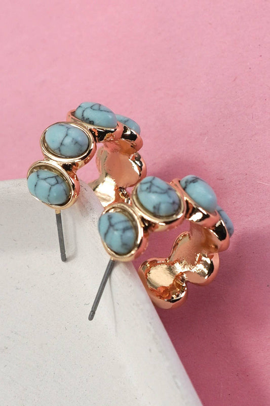LULU OVAL NATURAL STONE TURQ HOOP EARRINGS: GOLD