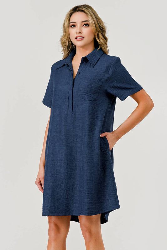 Ellie Casual Collared Game Day Shift Dress Navy