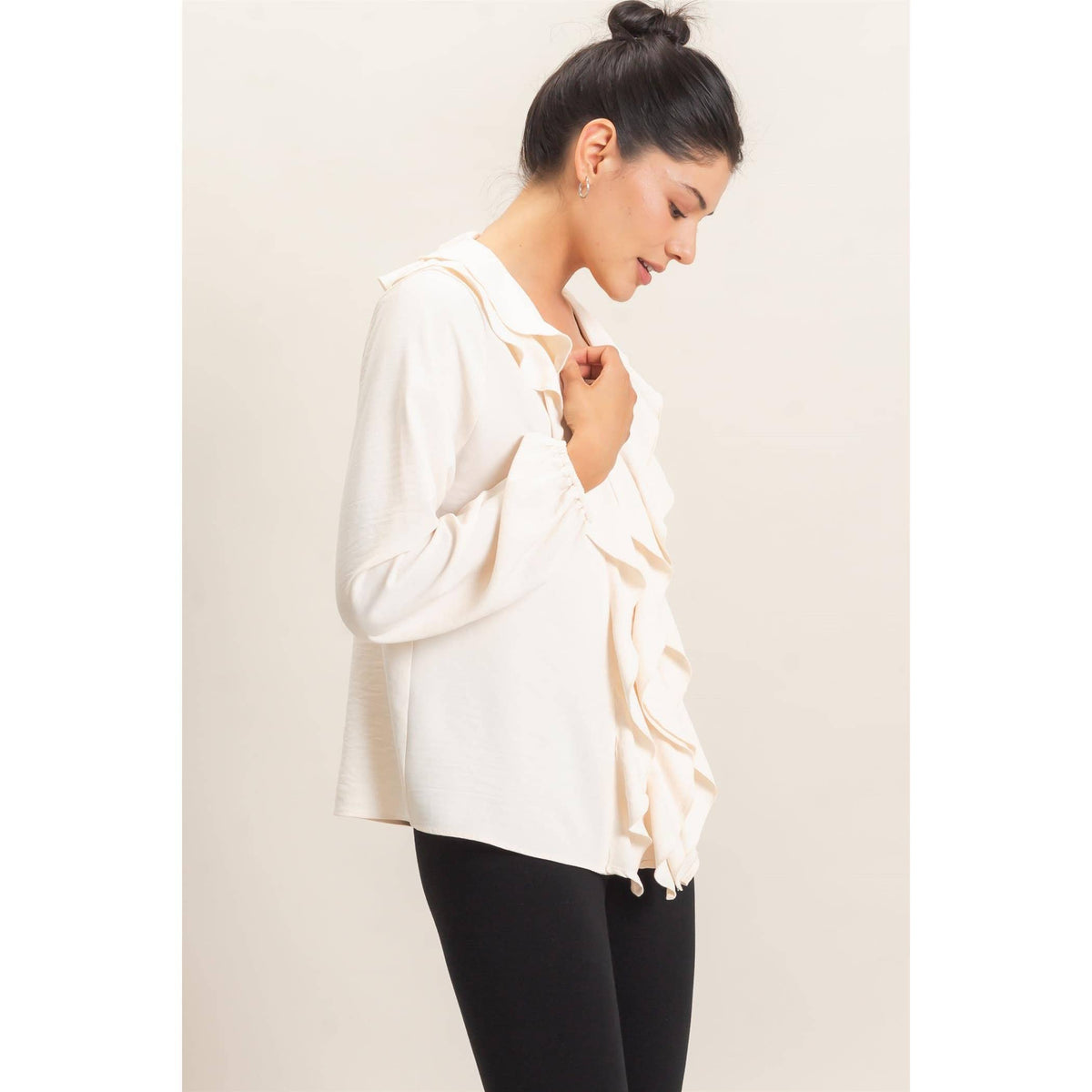 Ruffled V-Neck Button-Up Blouse: TEAL / S-M-L(2-2-2)