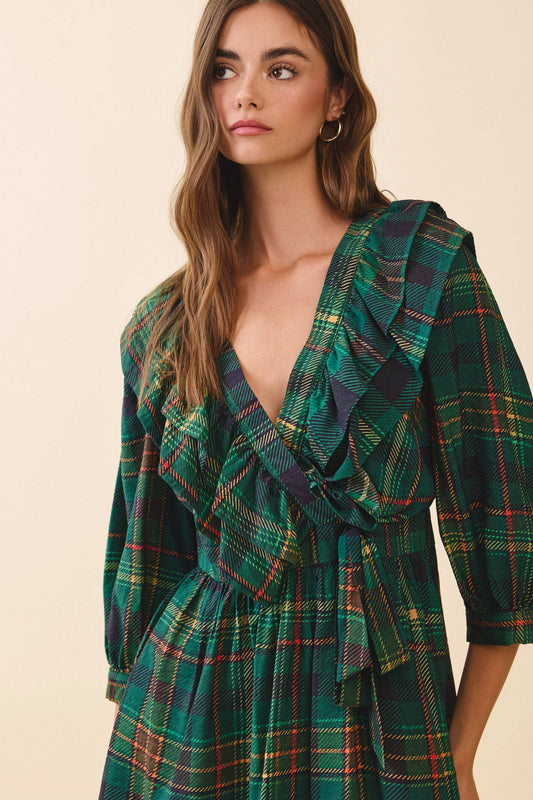 Tartan Plaid Deep V Neck Ruffle Trim Detail Wrap Dress: Green