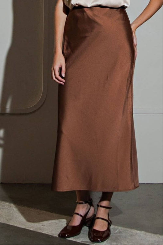 Cafe Stretch Satin Midi Skirt: Brown